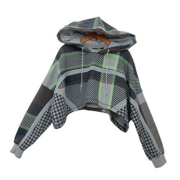 Adidas Ivy Park Cropped Halls Of Ivy Hoodie Womens XS Gray Brown Allover Print - Picture 1 of 11